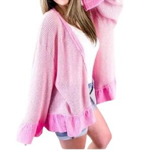 POL Waffle Knit Ruffled Long Sleeve Cardigan Size Small Women